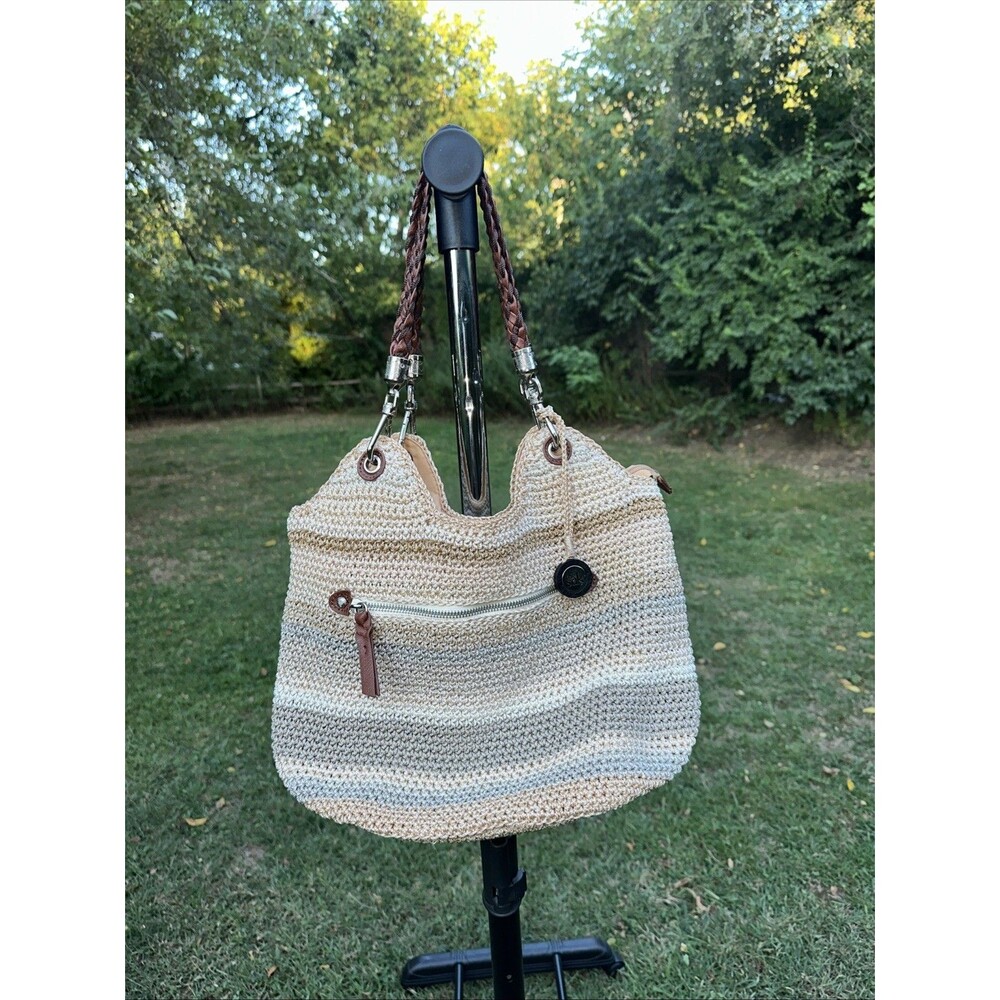 THE SAK Women's Indio Crochet Satchel Handbag Boho Sand Stripe Silver Hardware
